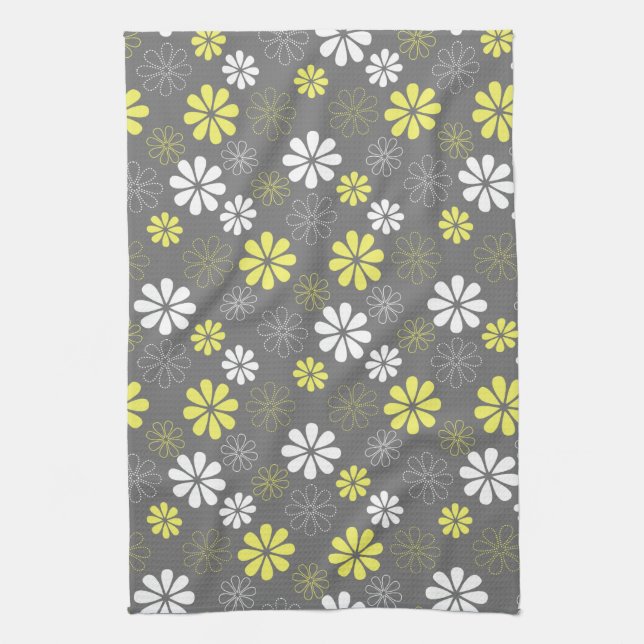 Linge De Cuisine Motif de fleur gris et jaune (Vertical)