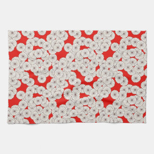 Linge De Cuisine Motif de fleurs Art Déco - blanc sur rouge