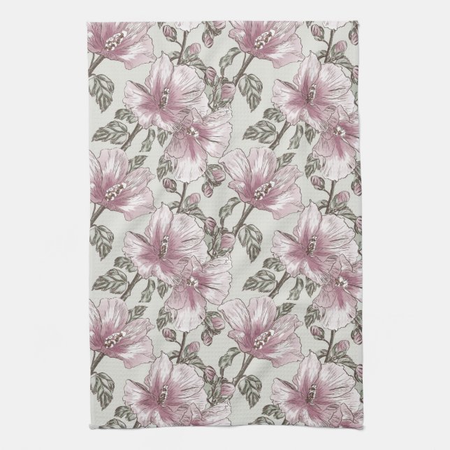 Linge De Cuisine Motif de fleurs rose amorti de ketmie (Vertical)