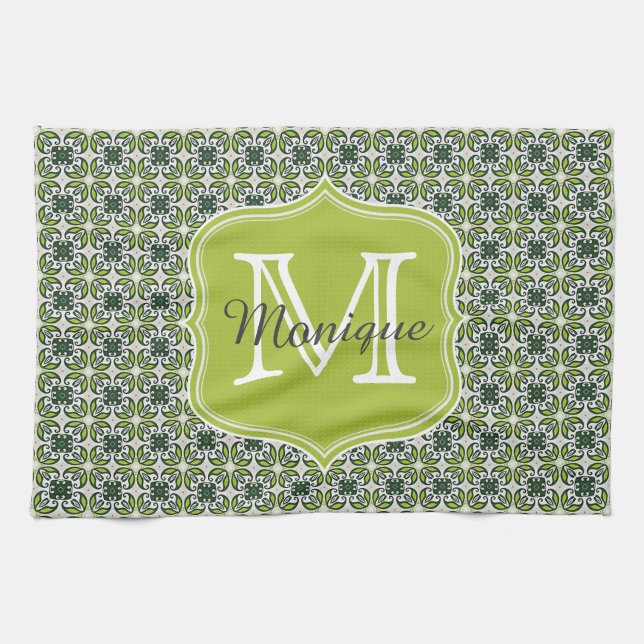Linge De Cuisine Motif de fleurs vertes Monogrammes (Horizontal)