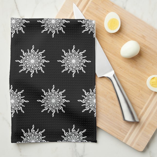 Linge De Cuisine Motif de flocon de neige Clé de trappe noir et bla (Quart Plié)
