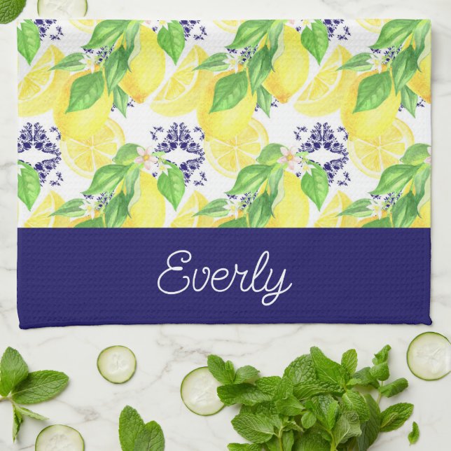 Linge De Cuisine Motif de la Navy Damask avec citrons jaunes (Plié)