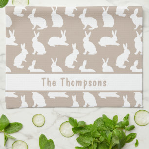 Linge De Cuisine Motif de lapin beige et blanc et nom de Pâques