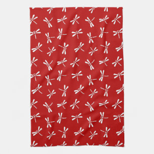 Linge De Cuisine Motif de libellules japonais, rouge profond et bla