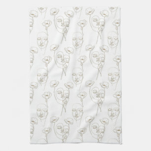 Linge De Cuisine Motif de ligne de visage floral vintage noir et bl