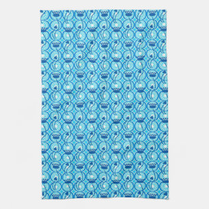 Linge De Cuisine motif de lotus égyptien, cobalt et turquoise