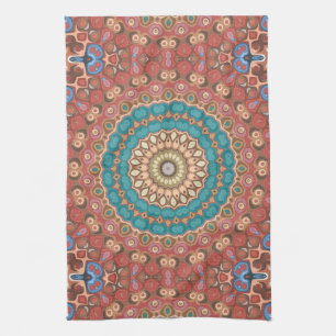 Linge De Cuisine Motif de mandala géométrique Turquoise et Terracot