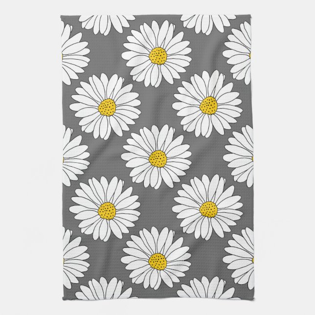 Linge De Cuisine Motif de marguerite gris jaune blanc (Vertical)