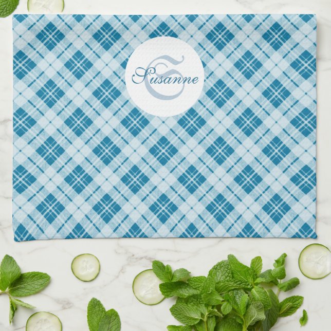 Linge De Cuisine Motif de Noël bleu clair tartan Monogramme (Plié)