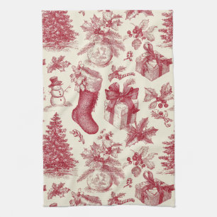 Linge De Cuisine Motif de Noël en toile rouge vintage avec chausset