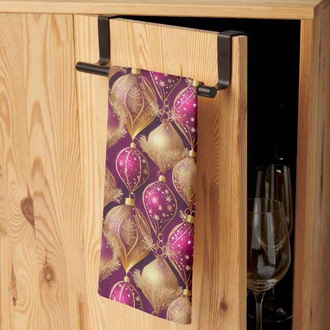 Linge De Cuisine Motif de Noël Magenta Gold#12 ID1009 (Pliage en tiers)