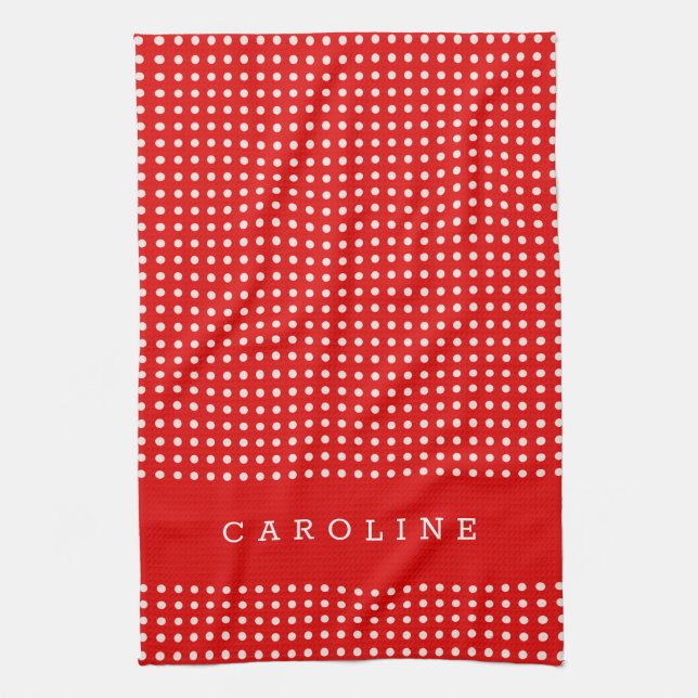 Linge De Cuisine Motif de points Polka rouge et blanc Nom personnal (Vertical)