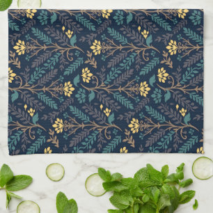 Linge De Cuisine Motif de tissu bleu foncé élégant avec des fleurs 
