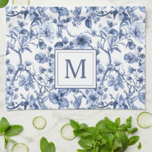 Linge De Cuisine Motif de toile de chinoiserie bleue monogramme