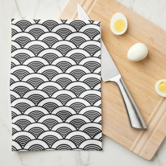 Linge De Cuisine Motif de vague japonais blanc noir (Quart Plié)