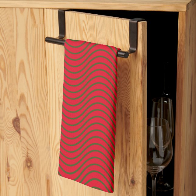 Linge De Cuisine Motif De Vague Rouge Et Verte (Pliage en tiers)