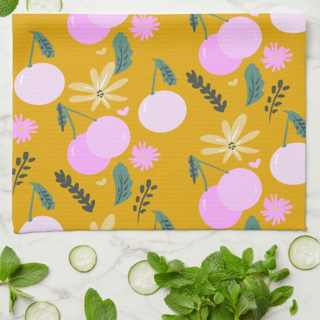 Linge De Cuisine Motif de verdure florale cerise jaune rose  (Plié)