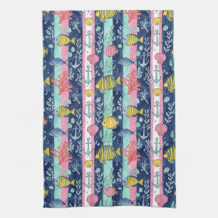Linge De Cuisine Motif de vie marine côtière coloré (2)