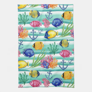 Linge De Cuisine Motif de vie marine côtière coloré (5)