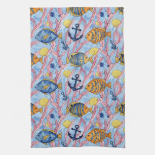 Linge De Cuisine Motif de vie marine côtière coloré (9)