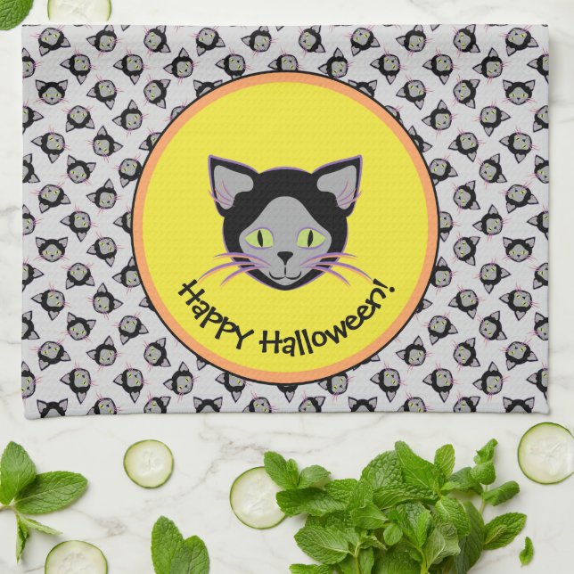 Linge De Cuisine Motif de visage de chat noir Halloween (Plié)