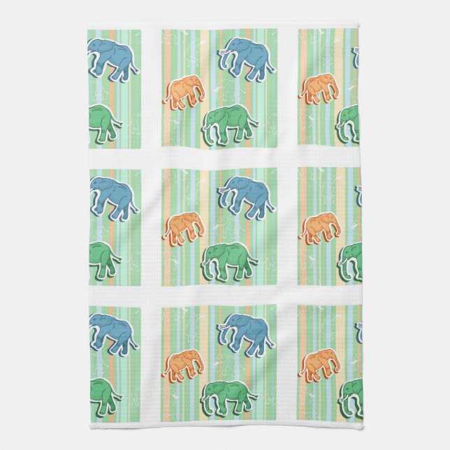 Linge De Cuisine Motif d'éléphant sur les rayures vertes (Vertical)