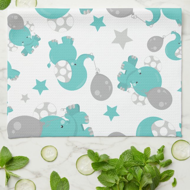 Linge De Cuisine Motif Des Eléphants Bleus, Eléphants Mignons, Étoi (Plié)