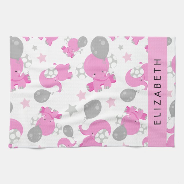 Linge De Cuisine Motif Des Eléphants Roses, Étoiles, Votre Nom (Horizontal)