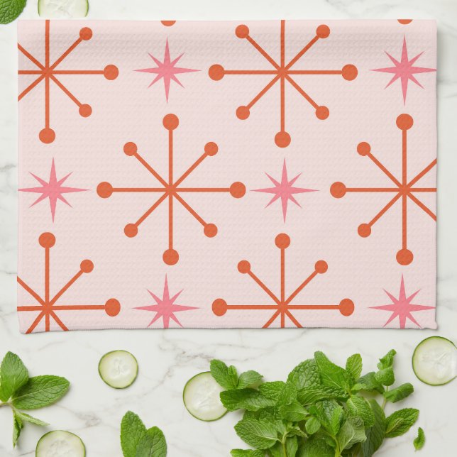Linge De Cuisine Motif d'étoiles atomique rose du milieu du siècle (Plié)