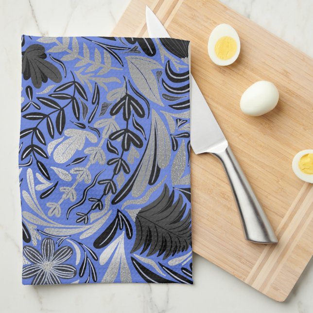 Linge De Cuisine Motif d'illustration Feuilles floral bleu argent (Quart Plié)