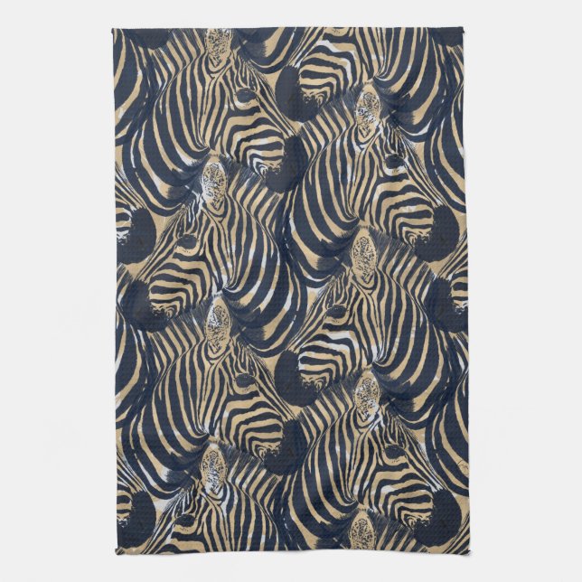 Linge De Cuisine Motif d'impression moderne Gold Blue Zebras (Vertical)