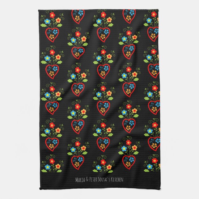 Linge De Cuisine Motif du coeur populaire portugais en fleurs (Vertical)