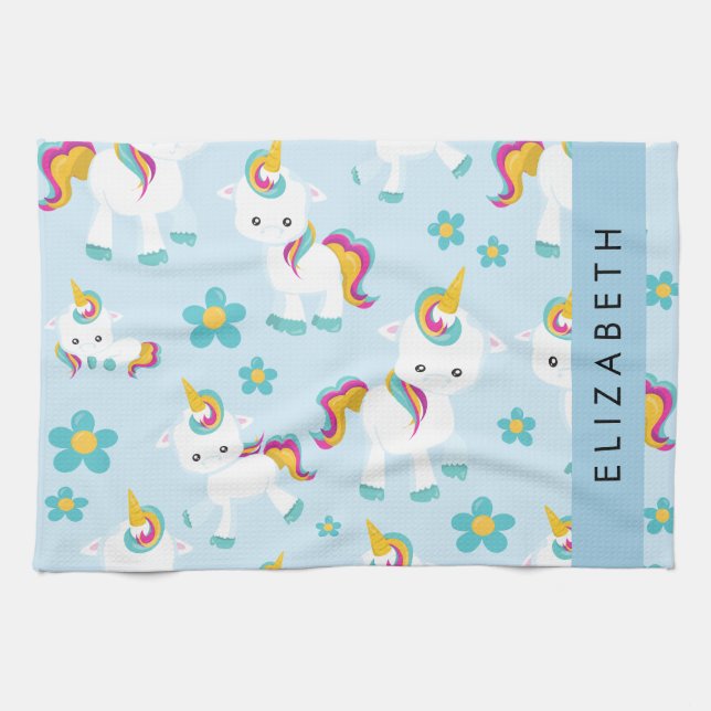 Linge De Cuisine Motif D'Unicornes, De Bonnes Unicornes, Votre Nom (Horizontal)
