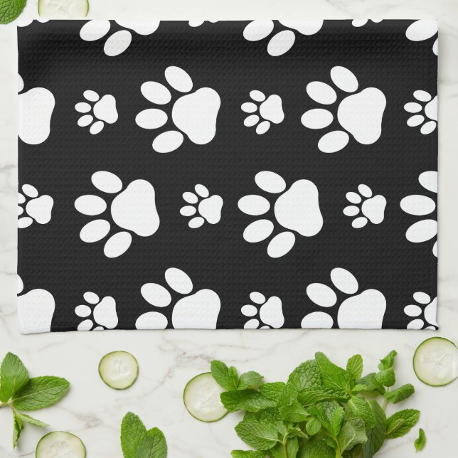 Linge De Cuisine Motif, Empreintes de pattes, pattes de chien, noir (Plié)