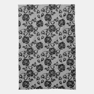 Linge De Cuisine Motif en dentelle noire sur arrière - plan blanc
