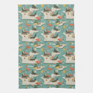 Linge De Cuisine Motif Été Bord de Piscine Flamant Rose Rétro (11)