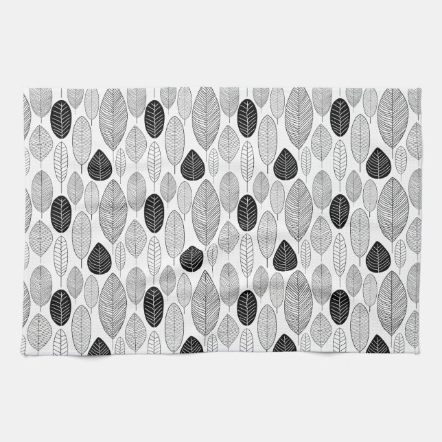 Linge De Cuisine Motif feuille - noir sur blanc (Horizontal)