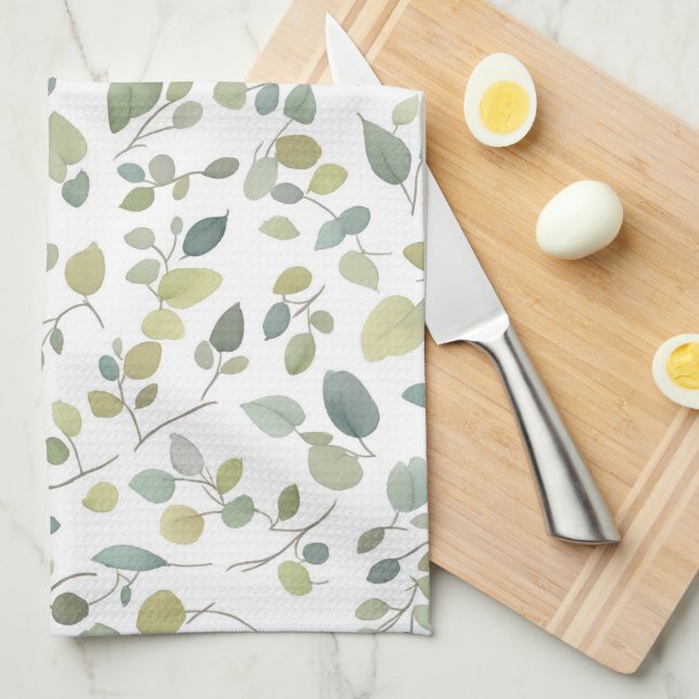 Linge De Cuisine Motif Feuille vert aquarelle (Quart Plié)
