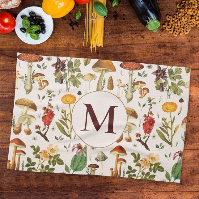 Linge De Cuisine Motif Fleur de Champignon Vintage Monogrammé (In situ Kitchen table)