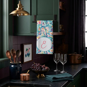 Linge De Cuisine Motif floral aquarelle abstrait monogramme
