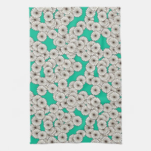 Linge De Cuisine Motif floral Art Déco - blanc sur turquoise