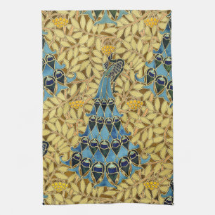 Linge De Cuisine Motif floral au paon bleu Art nouveau vintage