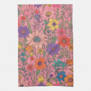 Linge De Cuisine Motif floral coloré sur rose
