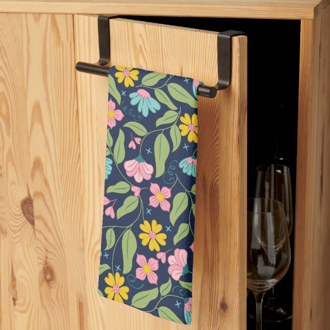 Linge De Cuisine Motif floral de printemps sur bleu foncé (Pliage en tiers)