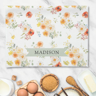 Linge De Cuisine Motif floral ensoleillé aquarelle avec nom personn
