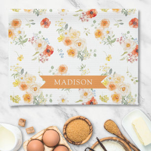 Linge De Cuisine Motif floral ensoleillé aquarelle avec nom personn