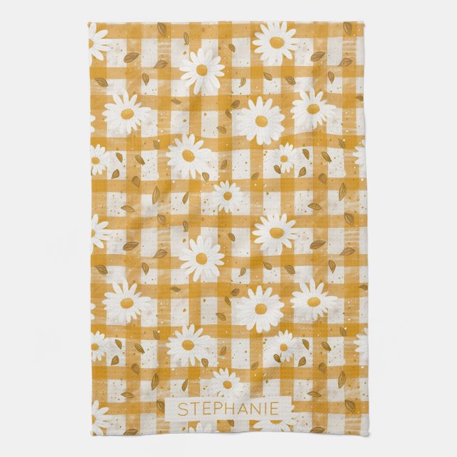 Linge De Cuisine Motif floral marguerrier blanc sur En vichy jaune  (Vertical)