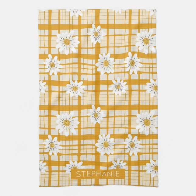 Linge De Cuisine Motif floral marguerrier blanc sur En vichy jaune (Vertical)