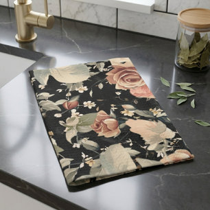 Linge De Cuisine Motif Floral Noir Élégant Moderne