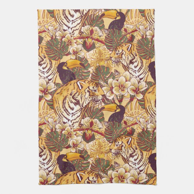 Linge De Cuisine Motif floral tropical avec le tigre (Vertical)